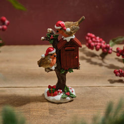 Robin Pair on Holly Tree With Postbox Resin ornament 6.4x10cm