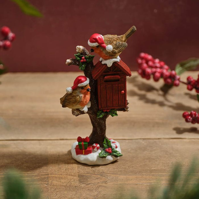 Robin Pair on Holly Tree With Postbox Resin ornament 6.4x10cm - Image 2
