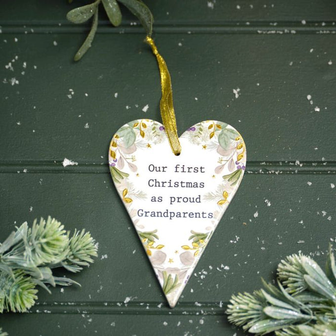 Our First Christmas As Grandparents Gold Ceramic Heart Hanger 9x14cm - Image 1