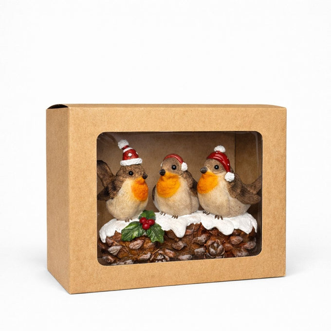 Three Robins with Santa Hats on Cone – 14 x 9cm (Window Box) - Image 2