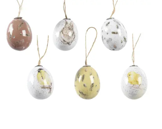 Easter Egg white/yellow designs  7.5cm, High Gloss Finish Box of 6 - Image 1