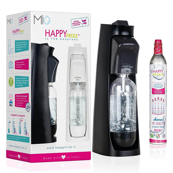 Happy Frizz MIO Black Sparkling Water Maker with gas cylinder and BPA-free bottle, no electricity needed - Keans Claremorris