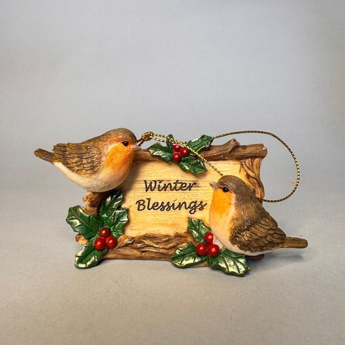 Christmas Robins with blessing sign and holly 10.5x5.5cm - Image 1