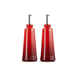 Le Creuset Stoneware Signature Oil and Vinegar Set in Cerise red, elegant kitchen accessory - Keans Claremorris