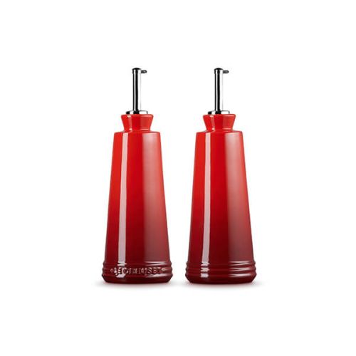 Le Creuset Stoneware Signature Oil and Vinegar Set in Cerise red, elegant kitchen accessory - Keans Claremorris