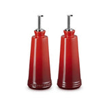 Le Creuset Cerise stoneware oil and vinegar set, 300ml cruets with stainless steel pourers, dishwasher safe – Keans
