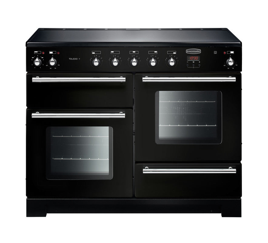 Rangemaster Toledo + 110 Induction Range Cooker in black with double ovens and control knobs on top panel