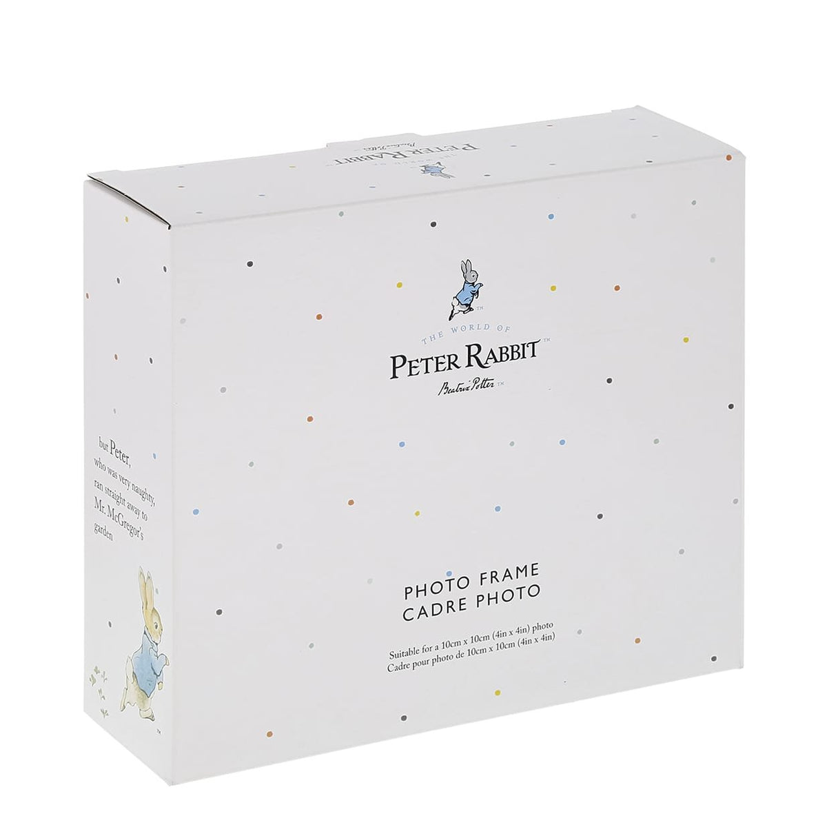 White Peter Rabbit-themed box packaging for Flopsy Rabbit First Birthday Photo Frame with colorful dots.