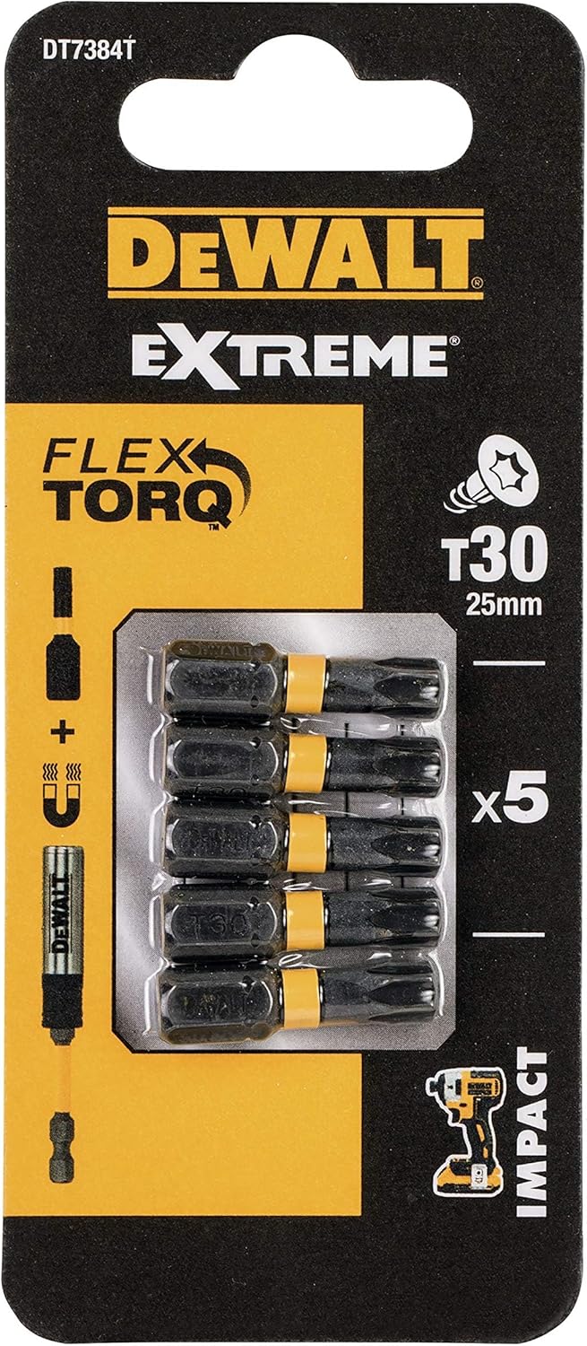 DeWalt FlexTorq TX30 25mm impact torsion bits pack of five in black and yellow packaging
