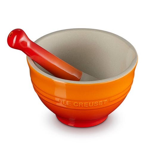 Le Creuset Volcanic Stoneware Pestle & Mortar for grinding spices, available at Keans Claremorris.