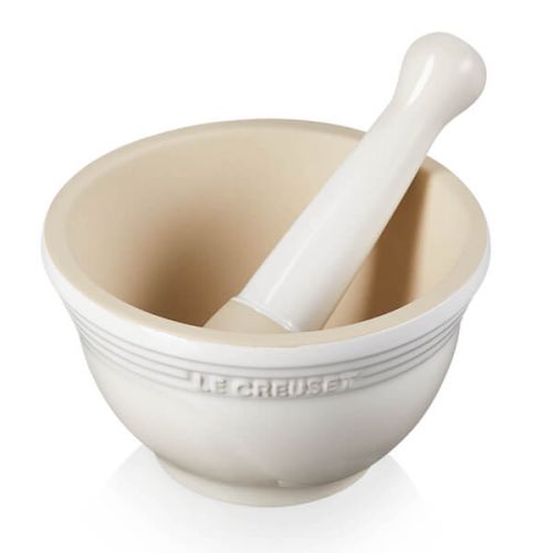 Le Creuset Meringue Stoneware Pestle & Mortar, durable kitchen tool for grinding, available at Keans Claremorris.