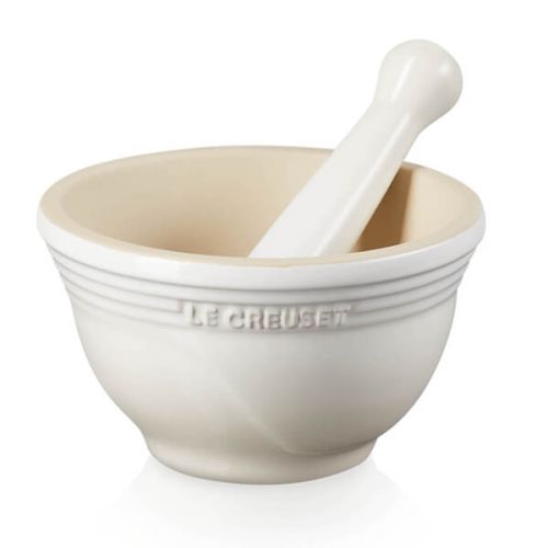 Le Creuset Meringue Stoneware Pestle & Mortar with unglazed interior, durable enamel, easy grip handle – Keans Claremorris.