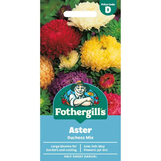 Seed packet for Mr. Fothergill’s Aster Duchess Mix showing large, colorful double blooms in red, yellow, purple, and cream.