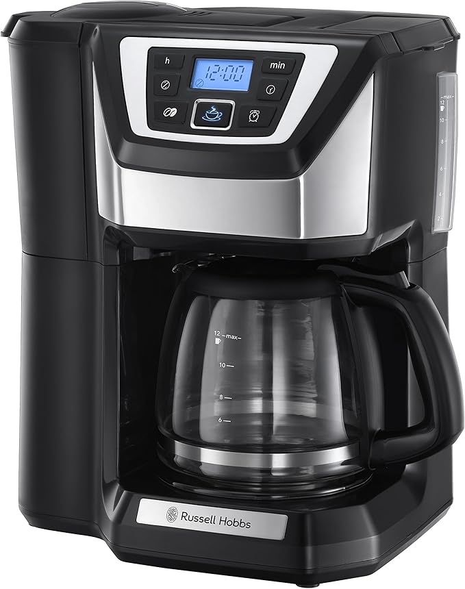 Russell Hobbs Chester Coffee Maker with digital timer, black and silver finish, and glass carafe.