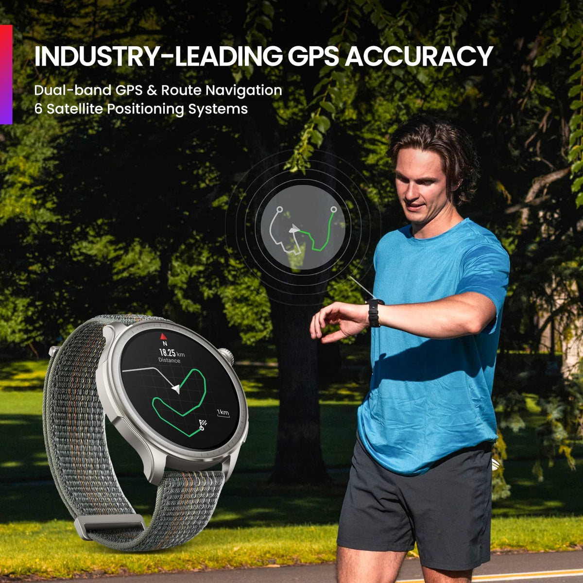 Amazfit Balance Sunset Grey smartwatch with GPS route tracking on screen, worn by a man jogging outdoors.
