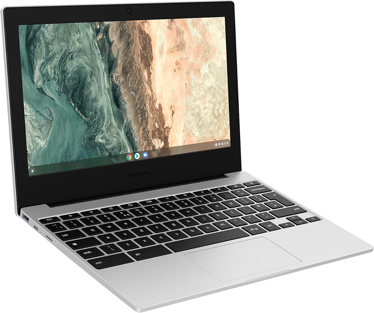 Samsung Chromebook Go 11.6 inch silver laptop open showing keyboard and screen with abstract wallpaper
