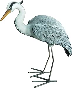 Real Life Heron A resin ornament with grey plumage, white neck, yellow beak on metal stand, weatherproof, by Keans
