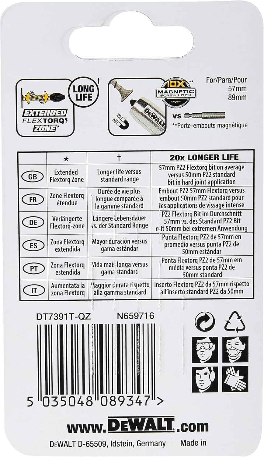 Back of DeWalt Extreme Impact Torsion Bits pack showing product features and multilingual durability chart.