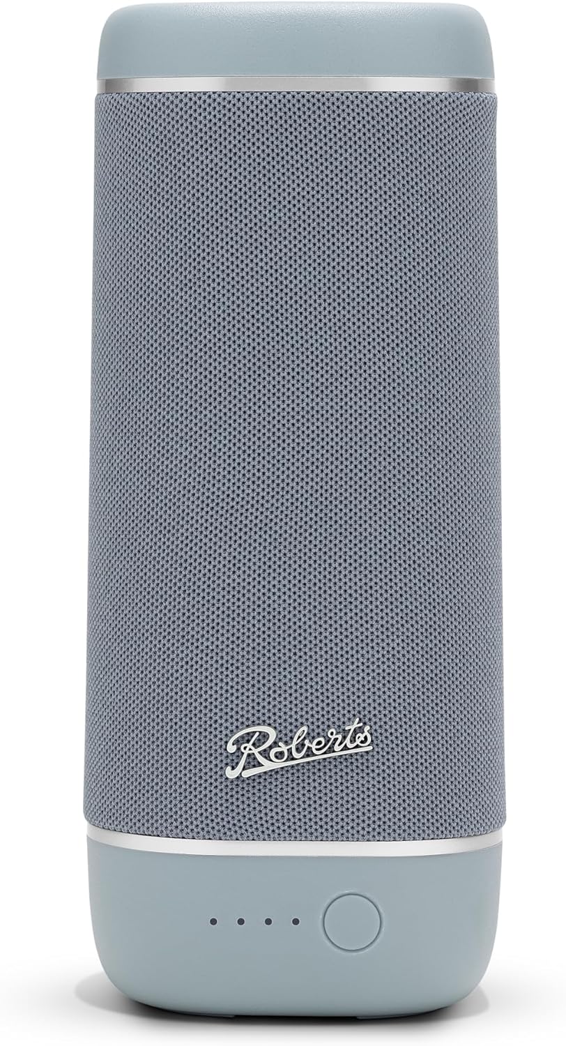 Roberts Reunion portable Bluetooth speaker in duck egg blue with fabric grille and control button front view.