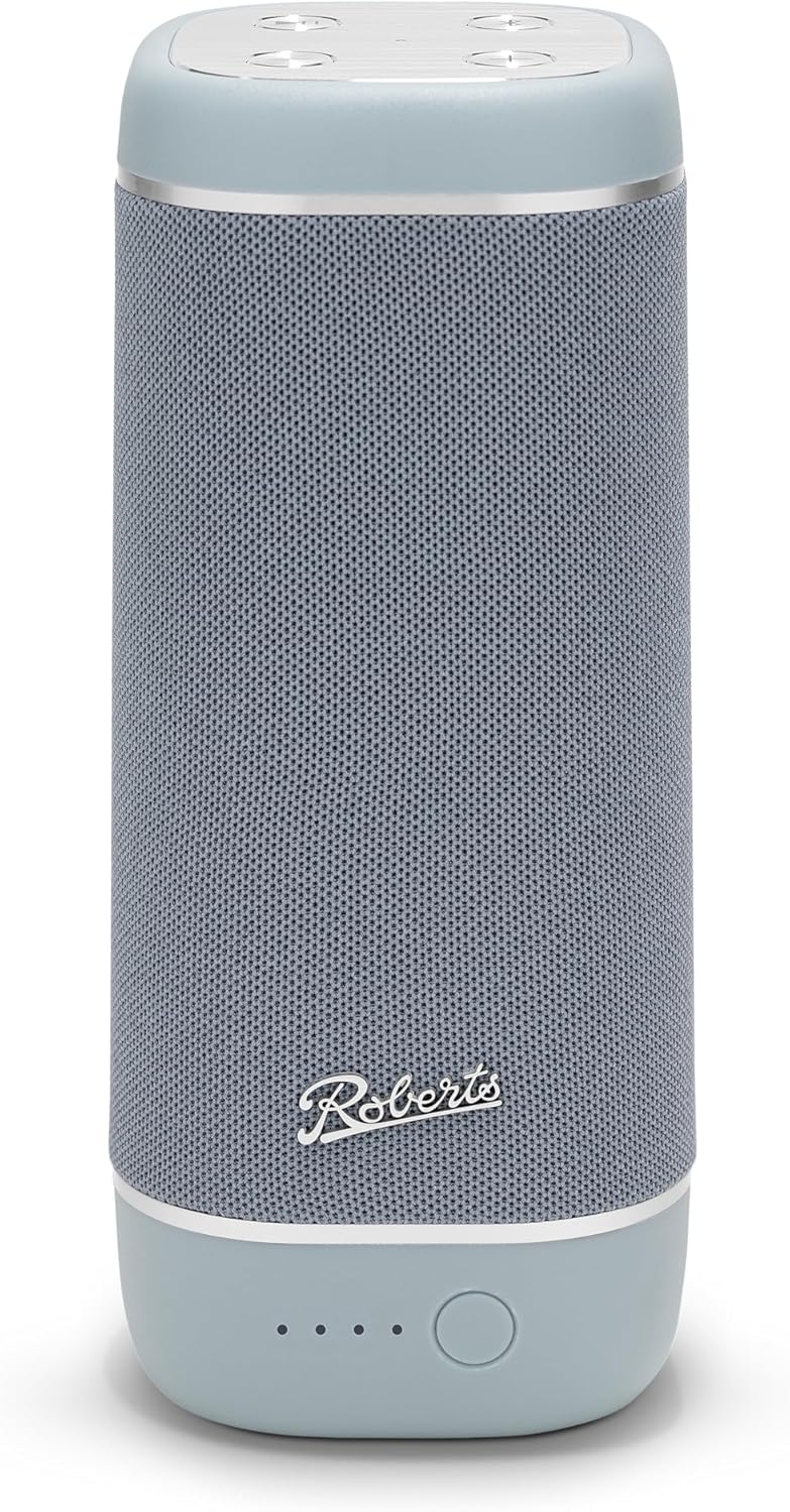 Roberts REUNIONDE portable Bluetooth speaker in duck egg blue with fabric grille and control buttons on top