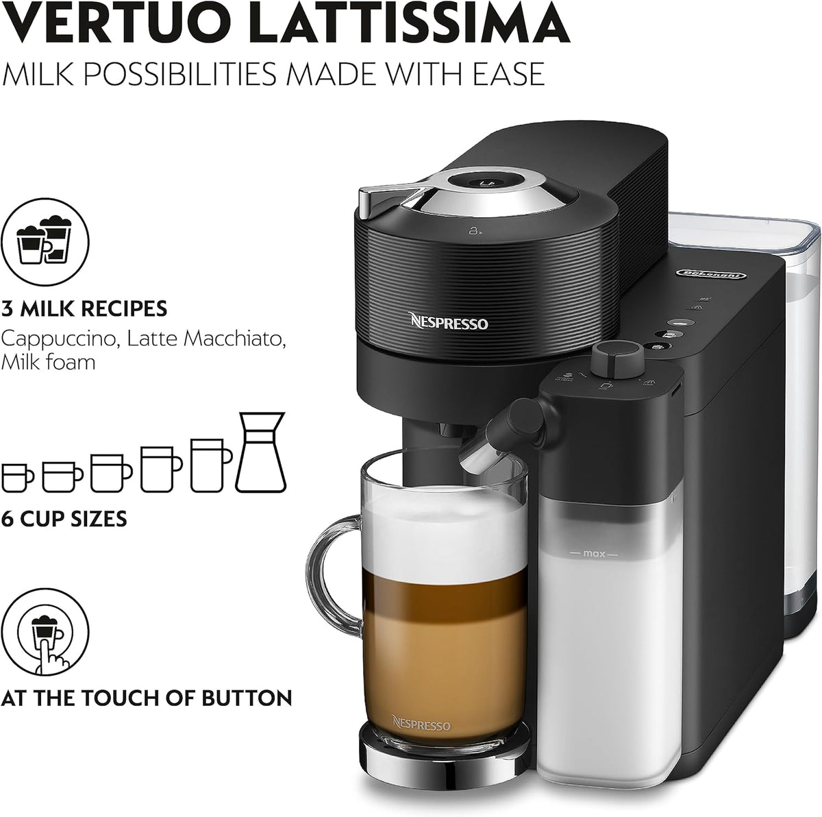 Delonghi Nespresso Vertuo Lattissima black coffee machine with milk frother and glass of latte