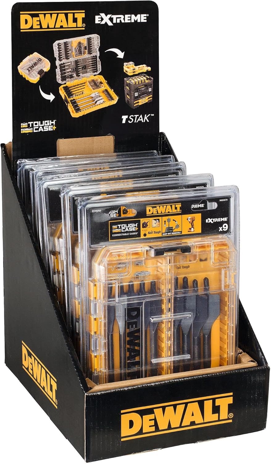 DeWalt DT70751 Extreme Flat Bit Set 9-piece in clear yellow tough case, displayed in black DeWalt box
