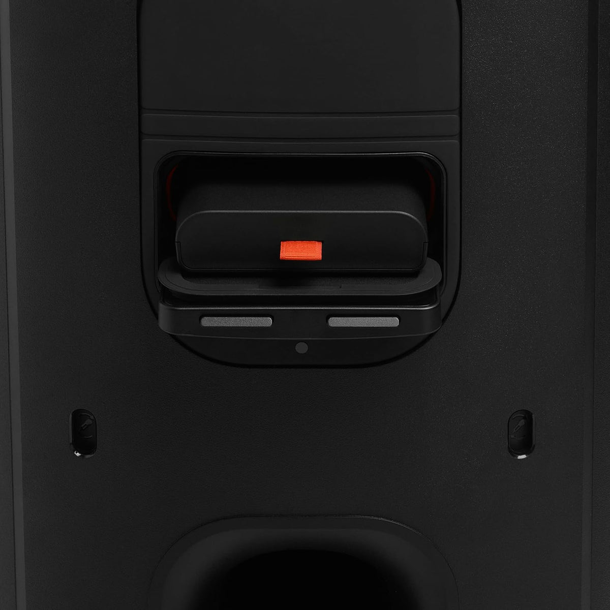 Close-up of the JBL Portable Party Speaker's replaceable battery compartment with an orange pull tab.