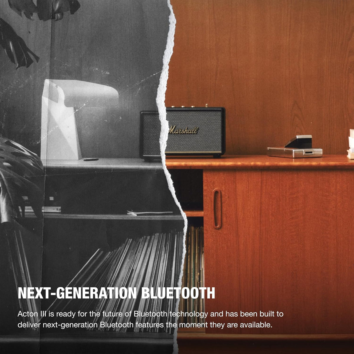 Marshall Acton III Bluetooth speaker in black on a wooden cabinet with vintage decor split by torn paper effect.