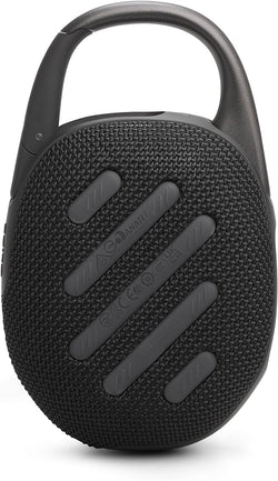 JBL Clip 5 Black portable Bluetooth speaker with carabiner, waterproof design – available at Keans Claremorris.