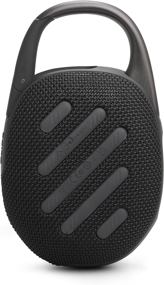 JBL Clip 5 Black portable Bluetooth speaker with carabiner, waterproof design – available at Keans Claremorris.
