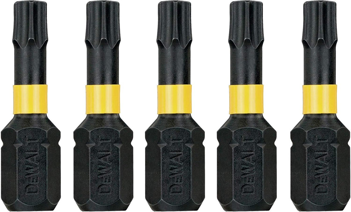 Five DeWalt black and yellow TX25 25mm impact torsion bits with hex shanks, aligned side by side.