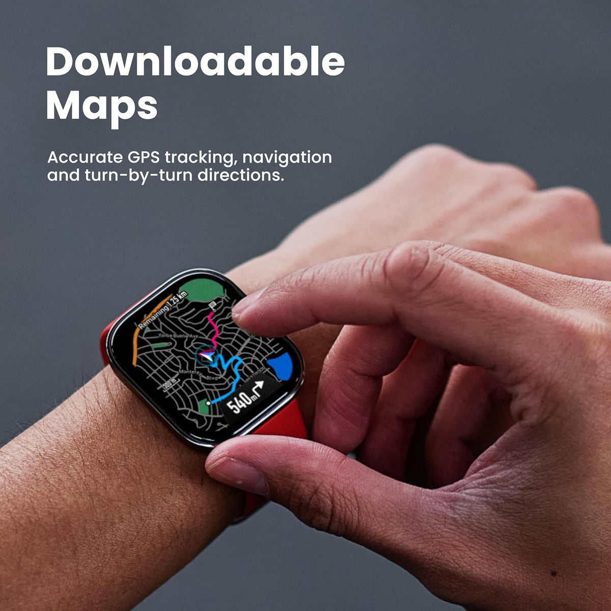 Amazfit Bip 6 Stone smartwatch with red strap showing GPS map and navigation on wrist