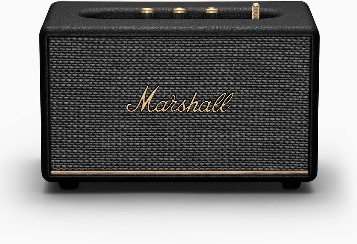 Marshall Acton III Bluetooth speaker in black with textured grille, brass logo, and control knobs on top.