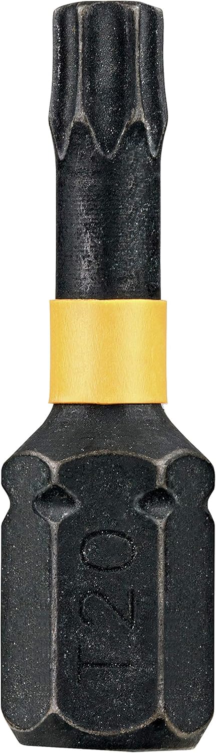 Close-up of a single DeWalt TX20 25mm Impact Torsion Bit with yellow FlexTORQ band.
