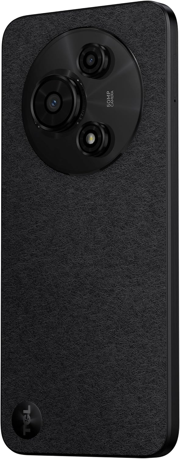 TCL 605 smartphone in black with textured back and triple rear camera setup including 50MP lens