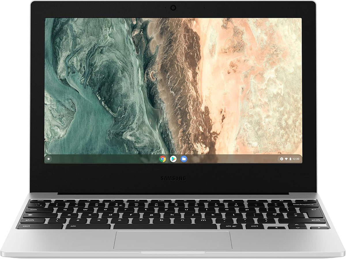 Samsung Chromebook Go 11.6" in silver, open showing keyboard and screen with abstract wallpaper.