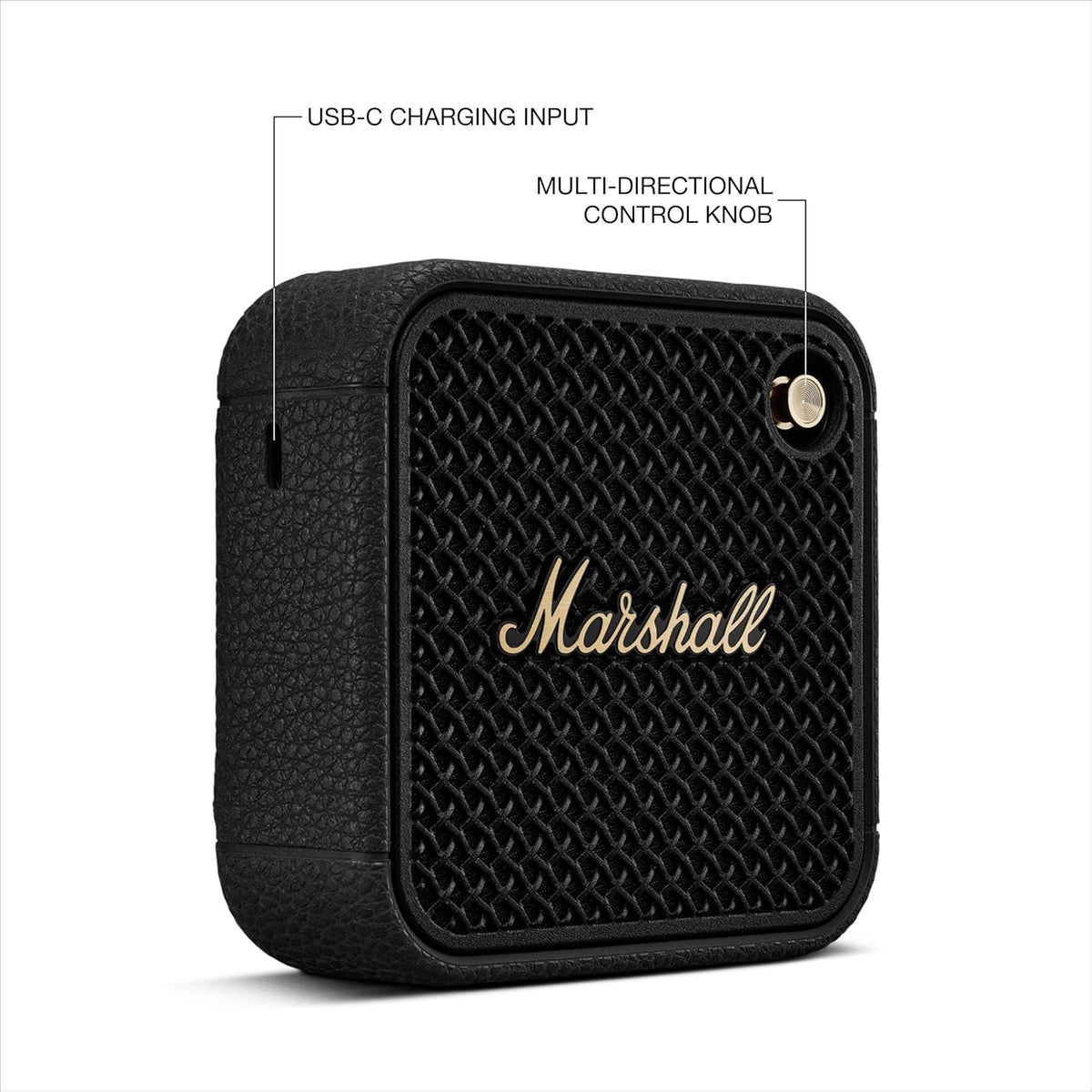 Marshall Willen II Black & Brass speaker showing front grille, logo, control knob, and USB-C charging input.