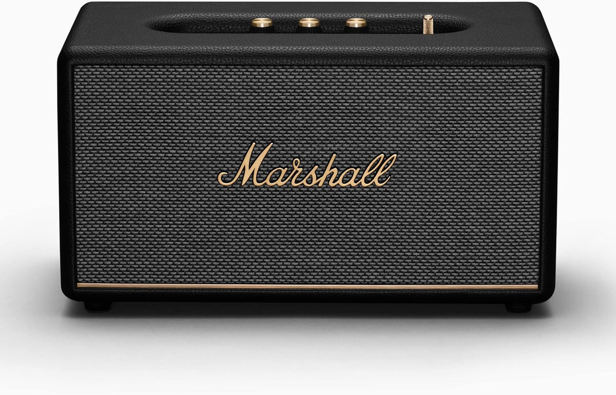 Marshall Stanmore III Bluetooth speaker in black with textured grille, brass logo, and control knobs on top panel.