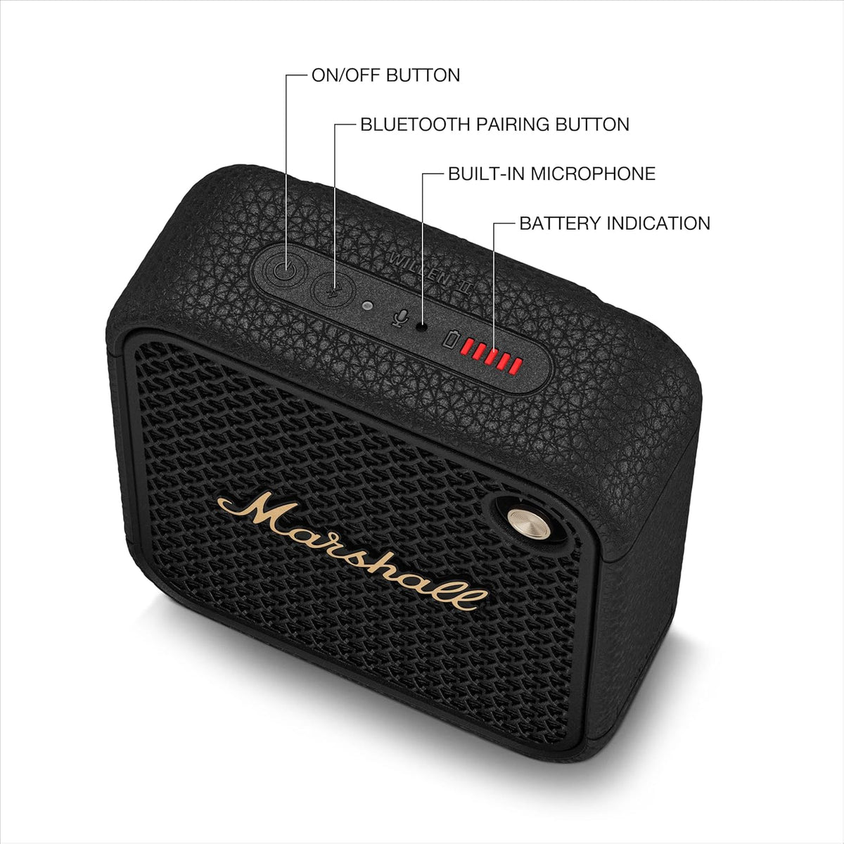 Marshall Willen II Black & Brass speaker showing top controls and battery indicator lights on textured black surface.
