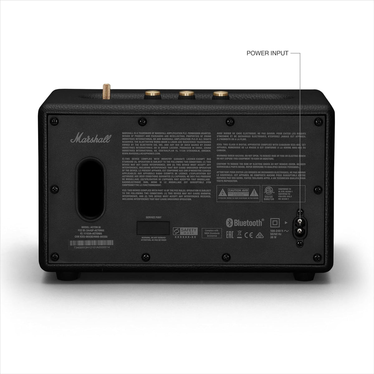 Back view of Marshall Acton III Bluetooth speaker in black showing ports, labels, and control knobs.
