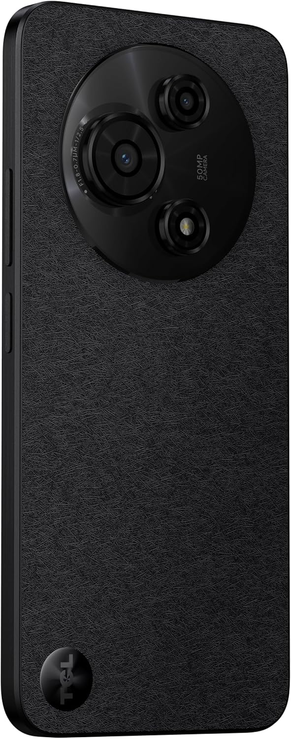TCL 605 smartphone in black with textured back and circular triple camera module including 50MP lens
