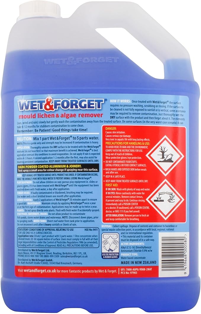 Wet & Forget Mould, Lichen & Algae Remover 5L, long-lasting outdoor cleaner, available at Keans Claremorris