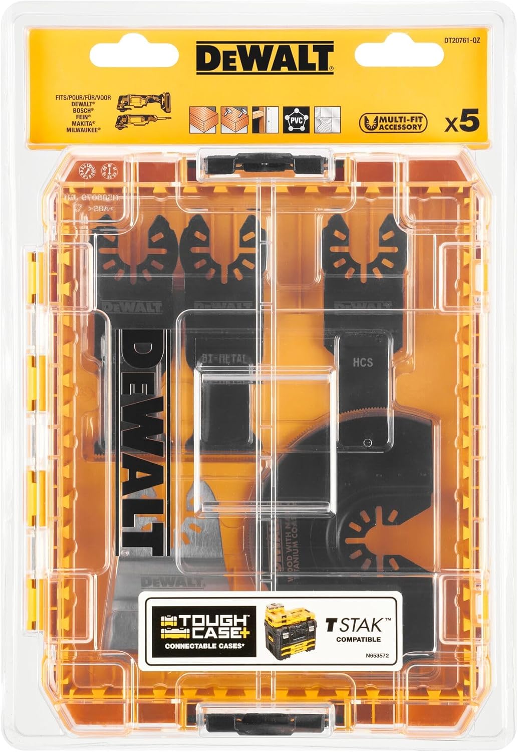 DeWalt DT20761 5-piece oscillating blade set in a clear plastic case with yellow backing and branding.