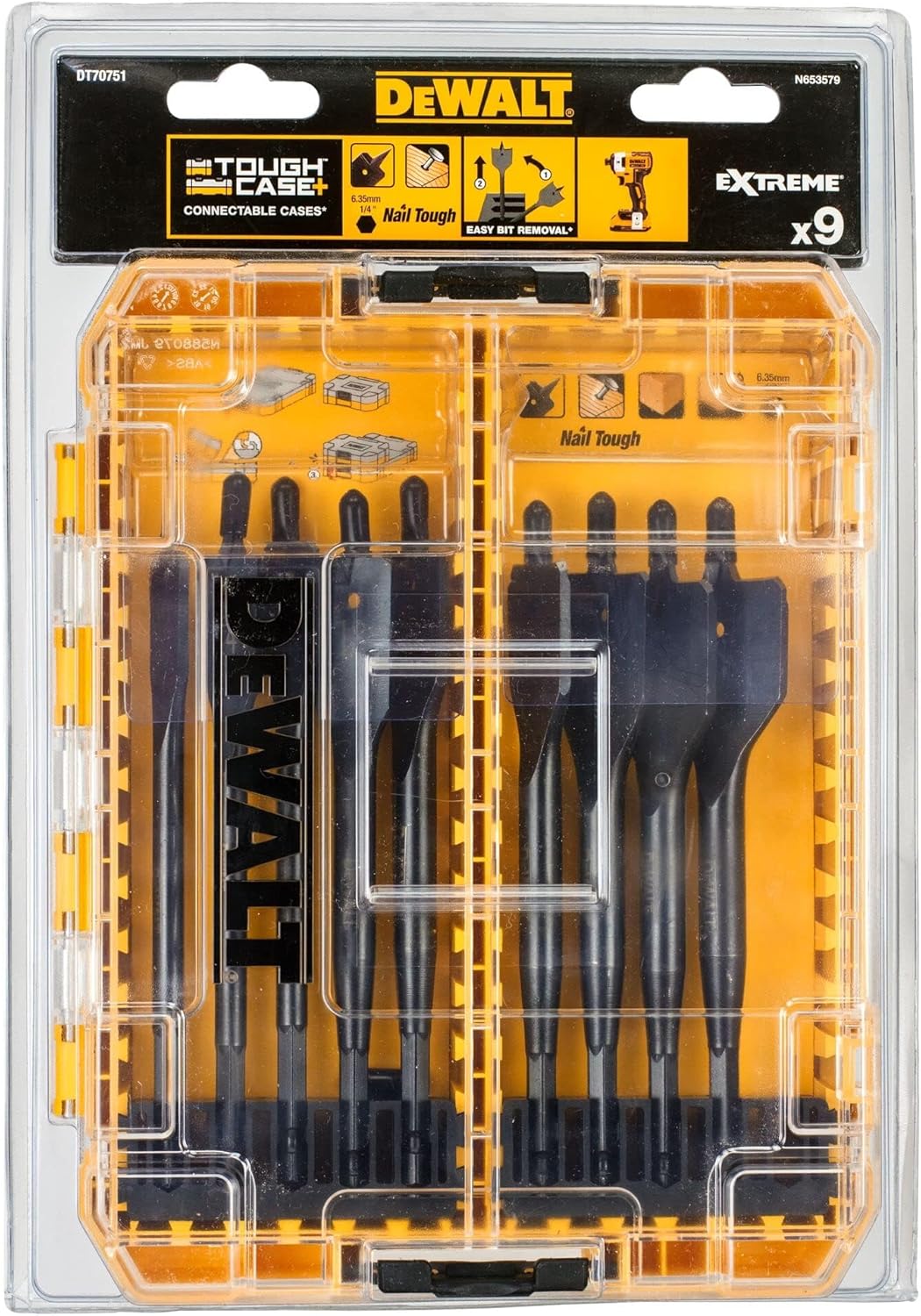 DeWalt DT70751 Extreme Flat Bit Set with nine black flat drill bits in a clear plastic case with yellow backing.