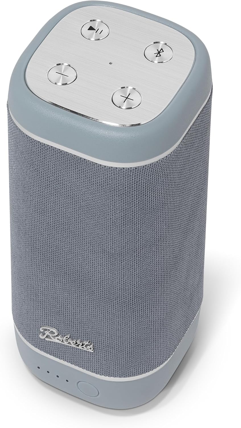Roberts REUNIONDE portable Bluetooth speaker in duck egg blue with fabric grille and top control buttons