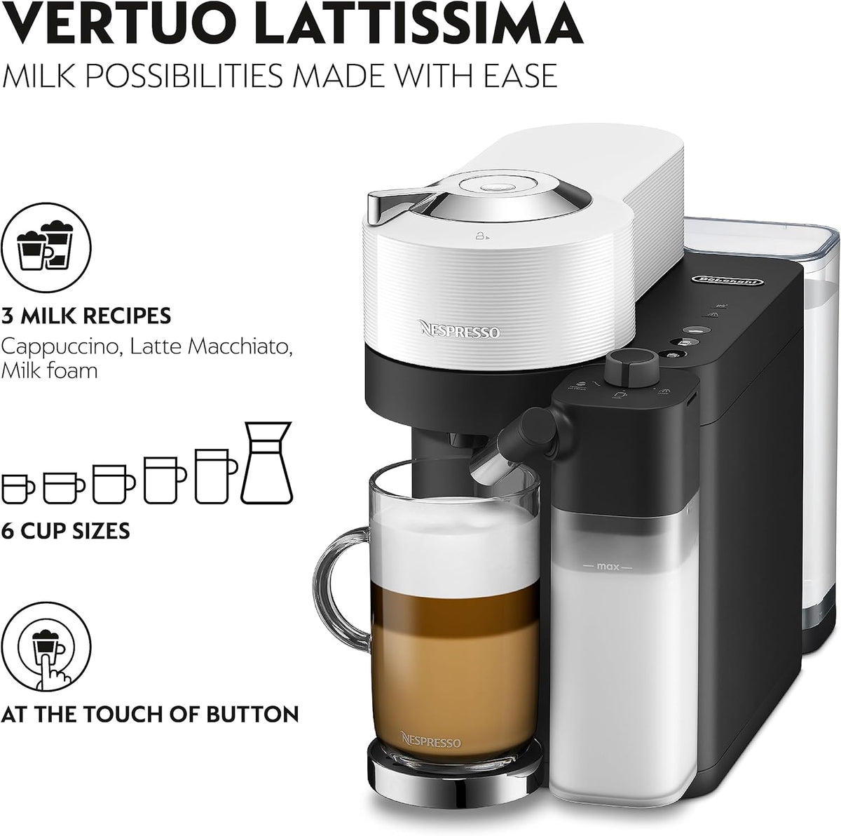 Delonghi Nespresso Vertuo Lattissima in white with milk frother and glass of layered coffee.