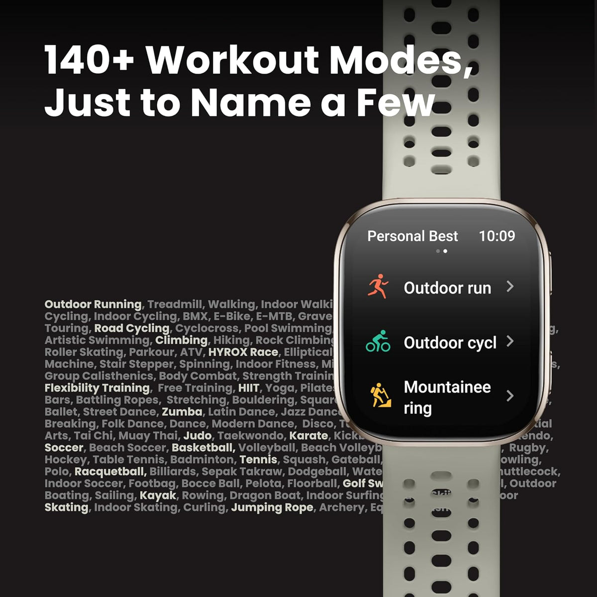 Amazfit Bip 6 Stone smartwatch showing workout modes: Outdoor run, Outdoor cycl, Mountaineering on screen