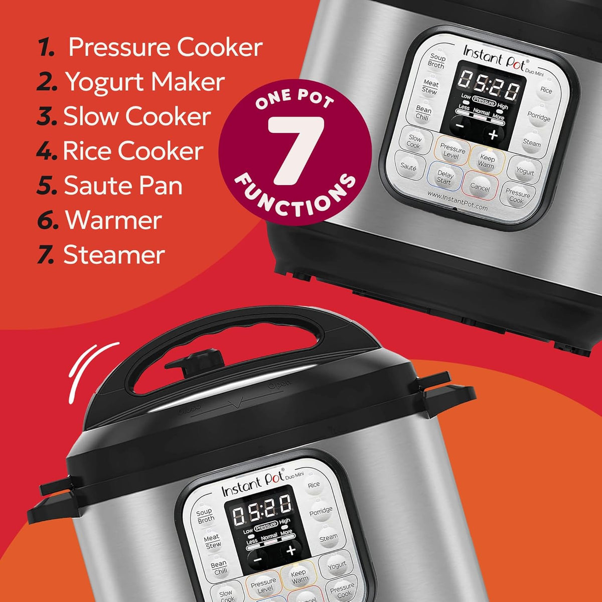 Instant Pot Duo Mini 3 Multicooker with digital control panel and list of seven cooking functions on red background