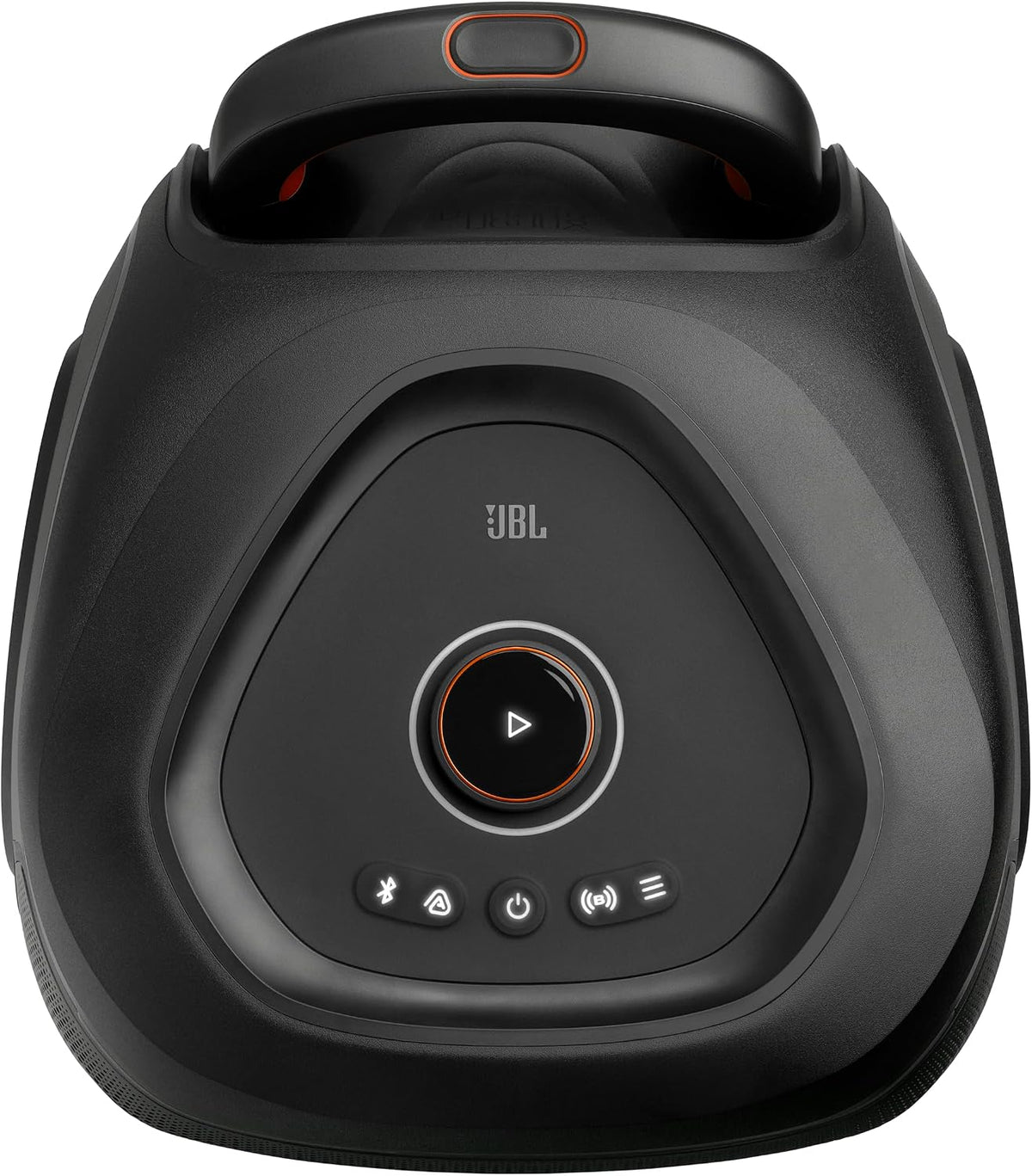 Top view of JBL Portable Party Speaker showing control panel with play button and Bluetooth icons