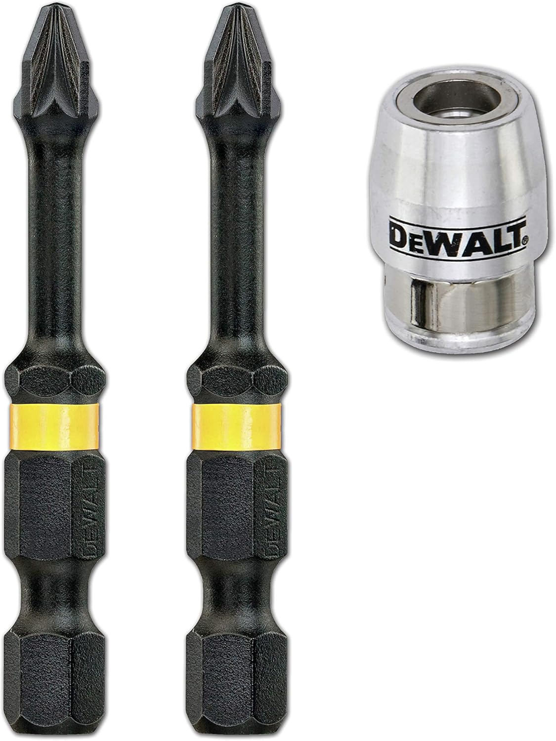 Two black DeWalt 50mm PZ2 impact torsion bits with yellow bands and a silver magnetic screwlock sleeve.